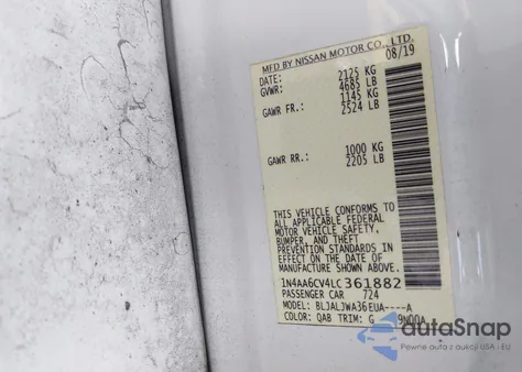 2020 Nissan Maxima Sv Xtronic Cvt из США, поврежденный, VIN 1N4AA6CV4LC361882